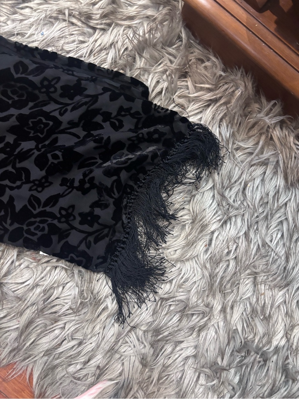 Vintage Silk Black Floral Velvet Burnout Scarf Fringed Boho Gothic Romantic - Picture 3 of 5